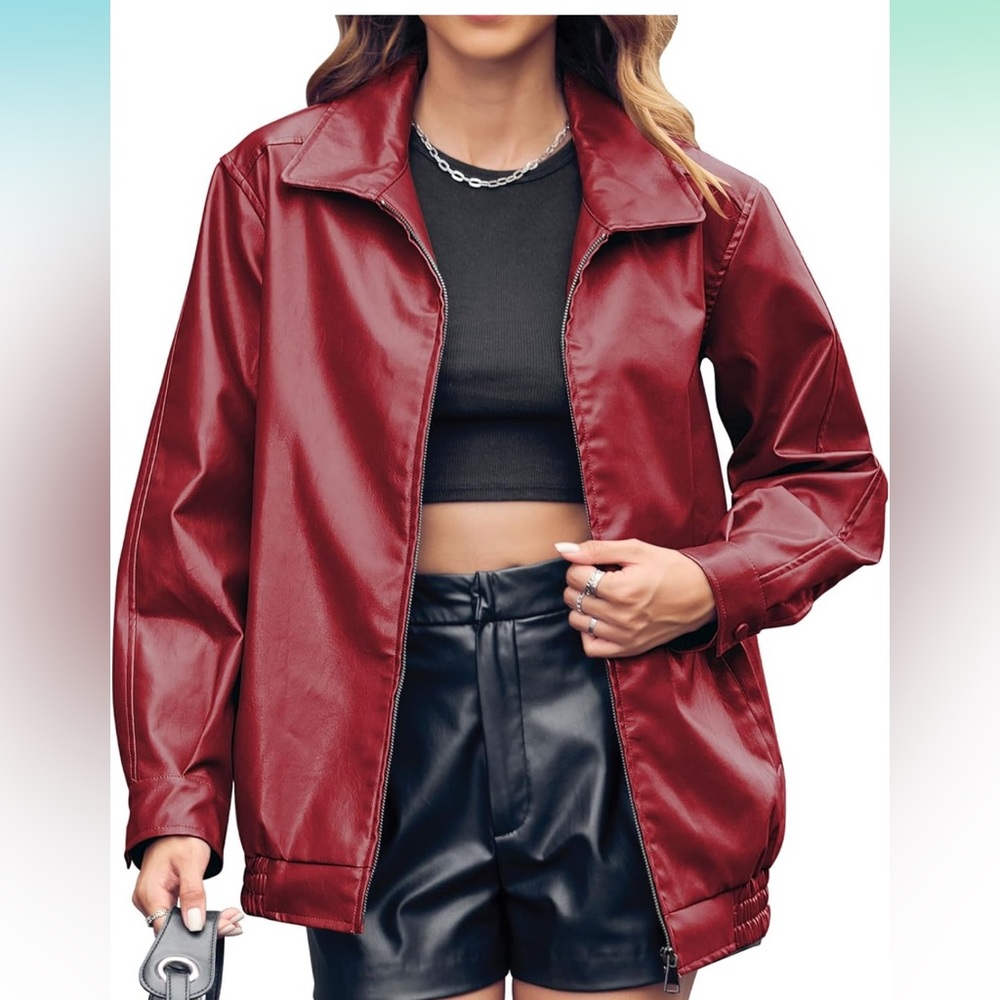 Oversized Faux Leather Red Jacket Size Small
